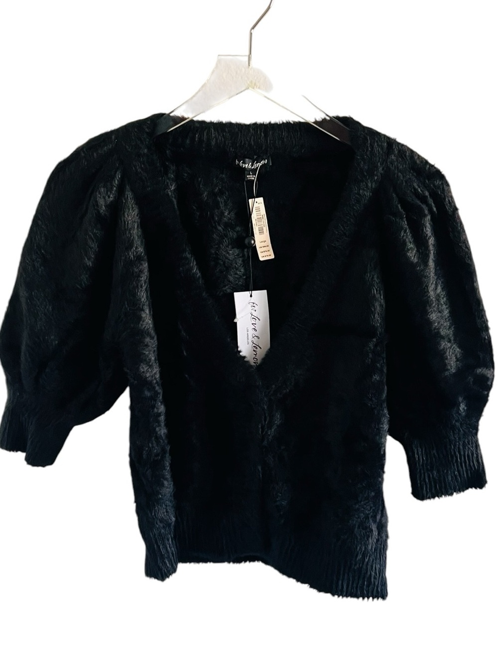 For Love And Lemons Faux-Fur Black V-Neck Puff Sleeve Sweater